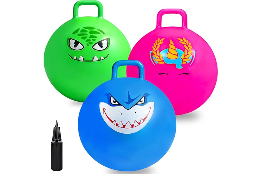 Hymaz Space Hopper for Kids Ages 3+, 18 Inch Jumping Ball Bouncy Hoppers with Handle, Inflatable Exercise Balance Toys for Indoor Outdoor Garden Games for Boys Girls (3P Hopper Balls-Blue+Pink+Green)