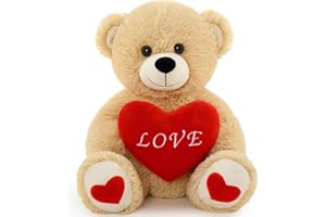 MorisMos orso peluche con Cuore Love, 40cm Marrone Chiaro Orsacchiotto Peluche Piccolo Kawaii Orsetto di Peluche Furry Teddy Bear Regalo per Bambino Fidanzata Natale Compleanno San Valentino