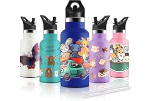 KollyKolla Gourde Isotherme Enfant, Gourde Inox 350ml, Impression 3D Gourde Isotherme Petite, Sans BPA, Gourde Reutilisable, Bouteille Isotherme avec Paille pour Enfant, Adultes, Sport, Bureau