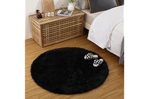 CAROMIO Runder Hochflor-Teppich für Schlafzimmer Wohnzimmer Kinderzimmer Zuhause Dekorativer Rutschfester Flauschiger Pelzteppich Bequemer Kinderzimmer Akzent Bodenteppich, Schwarz 120 x 120 cm