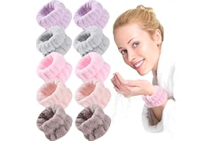 ZOCONE 5 Pares Muñequeras de Spa, Suave Muñequera Absorbente de Maquillaje de Franela Elástico Pulseras de Lavado de Cara Banda de Lavado de Muñeca (Caqui, Rosa, Gris, Rosa Palo, Morado Claro)