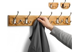 LARHN Wall-Mounted Coat Rack - 6 Matt-Nickel Triple Coat Hooks for Wall on Stylish Wooden Bamboo Base - 59 cm - All Fixings Included