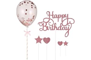 tao pipe 15PCS Happy Birthday Cake Toppers Balloon Cake Topper Glitter Star and Heart Shaped Cake Decorations for Girls Women(Pink)