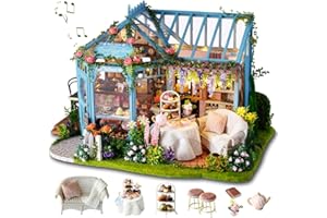 GuDoQi DIY Puppenhaus Miniatur Kit, 3D Hölzernes Puppenhaus Bausatz mit Möbeln und Musik, Handgefertigte Modellbausätze für Frauen und Sammler, Tee Garten Shop