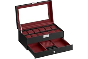 SONGMICS Pudełko na zegarek, pudełko na zegarek, szklana pokrywa, 2-poziomowa gablota, 12 zegarków, zamykane, 1 szuflada, pomysł na prezent, czarny PU, bordowa czerwona podszewka JWB012R01