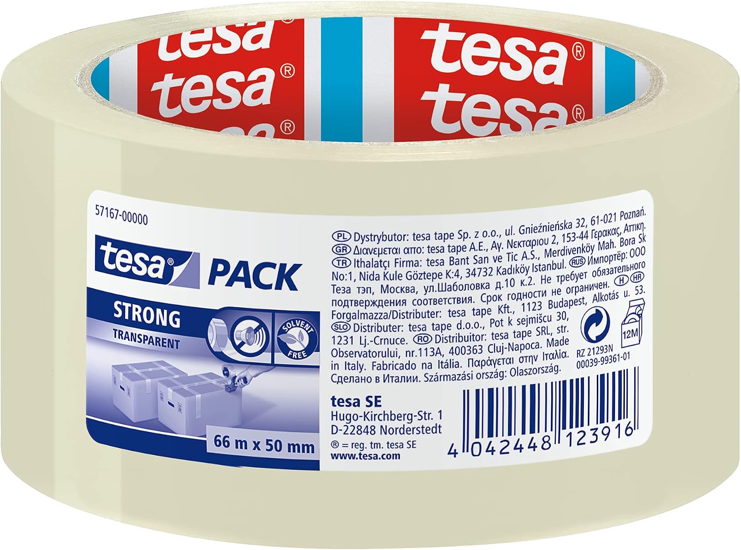 tesapack Strong Ruban adhésif colis - 66 m x 50 mm - transparent - 1 rlx | Ruban d'emballage en film PP - Résistant aux déchirures, pour colis de poids moyen - Ruban adhésif ŕ déroulement silencieux