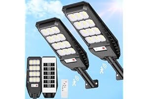081 Store - 2 PEZZI lampione solare con 144 LED esterno 200W, con palo e telecomando, sensore di movimento e crepuscolare luce bianoc freddo 6500k