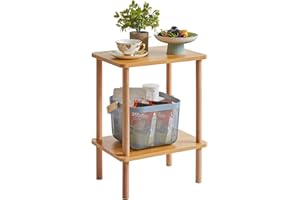 IBUYKE 2-Tier Side Table, Solid Wood Tall End Table with Storage Shelves, Nightstand Bedside Table for Living Room Bedroom Office, No-Tool Assembly, Natural WST002N