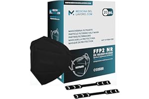 MEDICINADELLAVORO.COM 20 Mascherine FFP2 Colorate Nere Certificate CE0598, Mascherina a 6 Strati Senza Valvola, Maschera Facciale Protezione da Polvere e Polline|Face Mask con Alta Efficienza di Filtraggio BFE≥95|20 Pezzi