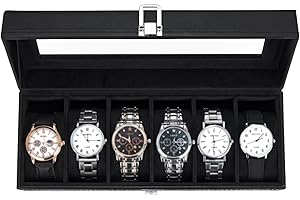 Porta Orologi a 6 Posti, Ohuhu Scatola Orologi con Coperchio in Vetro e Cuscinetti Rimovibili in Velluto, Portaorologi, Porta Orologi per Uomo e Donna, Regalo per Compleanno Festa del Papà Natale
