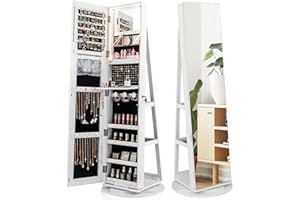 COSTWAY 360°Swivel Jewelry Cabinet, Lockable Jewelry Armoire Storage Unit with Full-Length Mirror & 3-Color Auto-on LED Lights, Home Bedroom Dressing Room Cosmetics Jewellery Organiser (White)