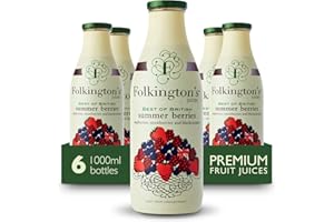 Folkington's Fruit Juice, Summer Berries, 6 Glass Bottles, Raspberries Strawberries Blackcurrants, Bulk Pack 1 Litre - Pack of 6