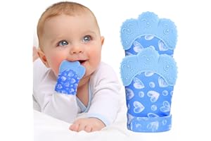 Vicloon Guanto da Dentizione per Bambini, 2 Pezzi Lenitivo Dentizione Mitten con Progetto Regolabile, Dentizione Neonati Giocattolo Guanti di Protezione con Massaggiagengive in Silicone, Cuore Blu