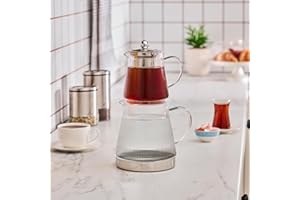 Karaca Keops Theiere avec Infuseur en Acier Inoxydable, Bouilloire de 2 L et Théière Turque en verre de 0,8 L, Caydanlik, Préparateur de thé Turc pour thé aux Herbes, thé en Vrac