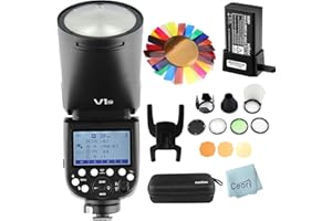 Godox V1-N TTL Flash a testa tonda Speedlite 1,5 sec. Tempo di ricarica, batteria al litio da 2600 mAh, lampada di modellazione a LED a 10 livelli con accessori AK-R1 a testa rotonda per Nikon