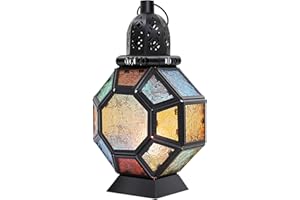 Lewondr Retro Iron Ramadan Candle Lantern, Portable Moroccan Wrought Iron Stained Glass Candle Holder Hanging Lamp Horse Light Wind Lantern for Home Decor Ramadan – Black + Colorful