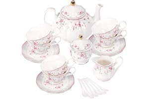 fanquare Juego de Té de Porcelana, Juego de Taza y Platillo, Juego de Té para 6 Personas, Tetera de Boda Azucarera Jarra de Crema, Juego de Café de China Floral, Rosa Roja