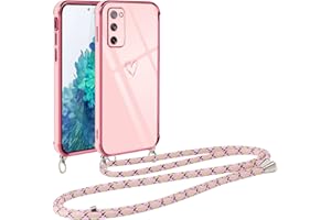 Vauki Funda con Cuerda para Samsung Galaxy S20 FE 5G, Patrón de Corazón TPU Carcasa, con Colgante Ajustable Collar Correa para el Cuello Cadena Cuerda, AntiChoque Suave Silicona Cover, Rosa