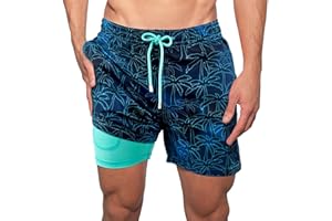 AUFIKR Men's Swim Trunks Mens Double Layer Beach Shorts with Compression Liner 2 in 1 Board Shorts with Pockets Surfing Sport Surfing Board Shorts