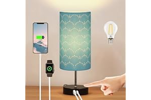 Lanmonlily Lámpara Mesita Noche Táctil, Regulable 3 Niveles de Brillo, Puerto de carga tipo C+USB-A, Pantalla de lino con base de metal, 2 Bombillas incluidas (1 Pieza azul)
