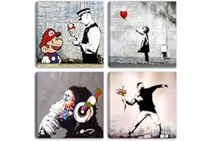 Degona Quadri Moderni Banksy 4 pz. cm 30x30 cad. Stampa su Tela Canvas Arredamento Arte Astratto XXL Arredo per Soggiorno Salotto Camera da Letto Cucina Ufficio Bar Ristorante