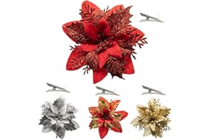 Bonny*D 12 Fiori Albero di Natale 14 CM, Decorazioni Natalizie Luccicanti, Addobbi Natalizi Resistenti, Addobbi Albero Di Natale, Fiori Natalizi Per Decorazioni con Ganci Di Montaggio Inclusi