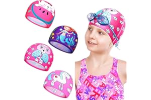 LEDSHLIU 4 Piezas Gorros de Natación Elásticos Gorro de Baño de Pelo Largo para Niños Gorro de Natación de Nailon de Dibujos Animados Lindo Gorro de Baño Unisex (Estilo Encantador)