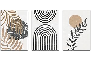Mid Century Modern Boho Wall Art - Beige Abstract Canvas Painting - Plant Pictures for Living Room Decor - Minimalist Geometric Sun Canvas Print - 16x24inch No Frame