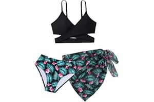 Momkonzz Girls Swimming Costume Kids Swimsuits Bikini Set 3 Piece Flower Bikini Black 7-16 Years