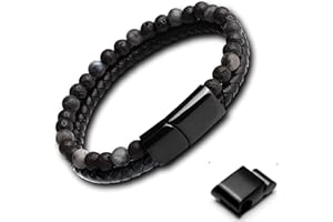 genac Bracelet Original Pour Hommes En Perles De Pierres Naturelles 6mm Et Cuir Véritable Avec Fermoir Magnétique Amovible En Acier Inoxydable Pour Régler Facilement La Longueur.