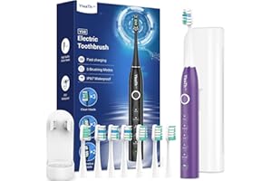YTEATH PRO Spazzolino Elettrico Sonico per Donna con 8 Testine - Spazzolino Denti Sonico Adulti con Custodia da Viaggio, 5 Modalità, Impermeabile IPX7, Spazzolino Elettrico da Viaggio Ricaricabile, Viola Scuro
