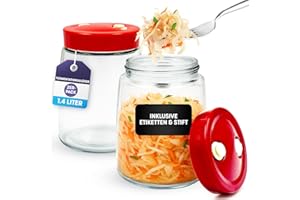 volila Kit Fermentazione Barattoli Vetro con Coperchio - Vasetti Vetro Fermentazione da 1,4 Litro con Camera di Equilibrio - Confezione da 2 Barattoli