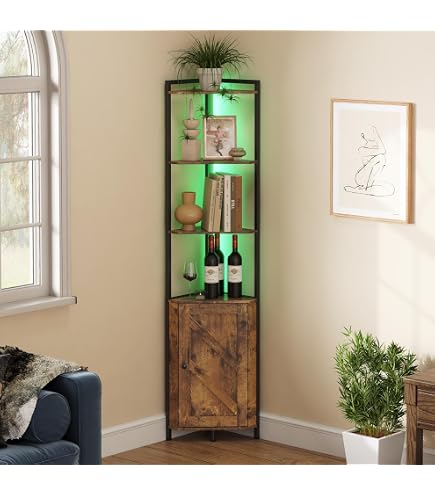 Étagère D'Angle 6 Niveaux HOCSOK - 181cm Blanc Et Doré Avec Porte - Rangement Salon/Chambre