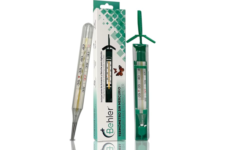 Behler Instruments - Fever Thermometer, Mercury Free - Safe and Accurate, No Batteries, for Children and Adults - Includes Magnifying Glass and Shaking Case - For Home and Clinical Use