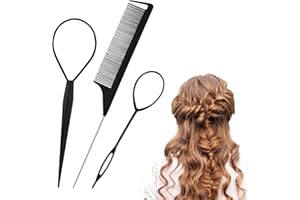 Wosyoodo 3 Piezas Cabello Pull Aguja, Herramientas para Cola de Caballo, Peines de Cola, Set de Peinado, Aguja para El Pelo para el Cabello, Pasadores, Trenza Plana para Mujeres y Mujeres, Negro