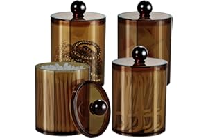 SheeChung 4 Pack Plastic Acrylic Bathroom Vanity Countertop Canister Jars with Storage Lid, Apothecary Jars Qtip Holder Makeup Organizer for Cotton Balls,Swabs,Pads,Bath Salts (Amber)