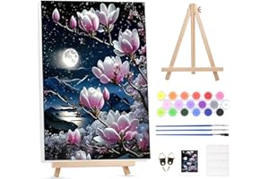 GHHKUD Paint by Number Kits for Adult with Wooden Easel, Oil Acrylic Painting by Numbers Kit for Adults Beginners on Framed Canvas, Flower Moon Night Arts and Crafts for Home Wall Decor-12x16inch