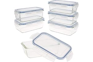 AKTIVE Max Home - Pack 6 Recipientes Herméticos de Vidrio, táper Cristal Apto para Microondas, Envases para Comida con Cierre, 800 mililitros, Tapas transparentes, Contenedor de Alimentos (16533)