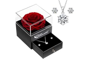 Sunia Preserved Eternal Rose with Jewellery Sets-Sliver Round Necklace Stud Earrings for Women, Eternal Love Gifts for Girlfriend&Wife&Mum for Christmas Anniversary Birthday Valentine's Day