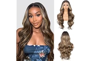 Sapphirewigs 13x4 Brown Lace Front Wig Synthetic Body Wave Highlight Brown Balayage Synthetic Lace Front Wigs Party Date Daily Wear Christmas Natural Looking 26 inch