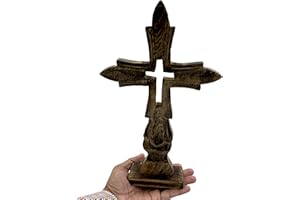 KSJONE Handmade Antique Design Rustic Wooden Standing Crucifix Table Wood Cross Catholic Crucifix with Stand Decorative Religious Altar Spiritual Art Sculpture Home Living Room Decor (25.4 cm)