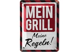LANOLU Cartel de chapa retro con texto en alemán "MEIN GRILL MEINE REGELN", decoración retro, para el jardín, regalo para papás, parrilla, cartel con refranes y troquelado en 15 x 20 cm
