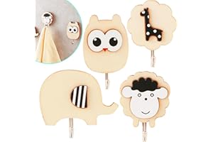 Johiux 4 Stück Kleiderhaken Kinder,Handtuchhalter Ohne Bohren,Garderobenhaken Kinder Selbstklebende Kindergarderobe Wandhaken aus Holz in Tierformen,Rucksäcke Mützen,Garderobe Kinderzimmer Deco Ges
