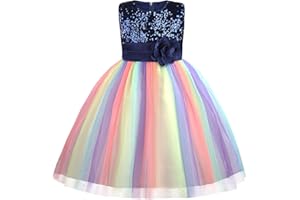 M MUNCASO Filles Princesse Robe Paillettes Tulle Fleur Arc-En-Ciel Col Rond Sans Manches Robe Formelle Fête D'anniversaire Mariage Demoiselle D'honneur Fille Robes De Soirée Enfant Bébé Âge pour 3-9 Ans