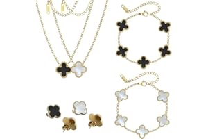 XOPOZON 2 Set Four-Leaf Clover Jewellery for Women Girls 18K Rose Gold Plated Stainless Steel Double-Sided Black White Pendant Necklace Stud Earrings Bracelet Jewellery Set (Black+White)