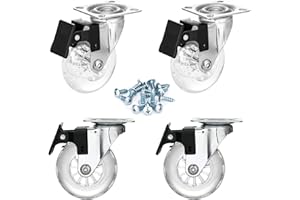 YOOGAA Clear Caster Wheels 75 mm Casters Set of 4 Heavy Duty, Locking Industrial Casters with 360 Degree No Noise Transparent Polyurethane Wheels, Swivel Plate Casters with Brake - Pack of 4