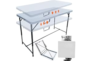 MQ Houseware 4ft Folding Table 3 Adjustable Heights Indoor & Outdoor for Camping Picnic Garden Kitchen Catering Party Market Event Buffet Dining BBQ,White