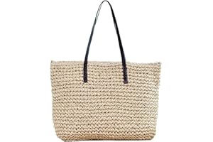 CHIC DIARY Womens Hand-woven Straw Shoulder Bag Large Summer Beach Leather Handles Handbag Tote with Zipper