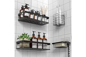 UUlioyer Estanteria Baño, Resistente al Agua y al Oxido, 4 Piezas Estanteria Ducha sin Taladro, Organizador Ducha para Champú y Gel de Baño, Negro (Con jabonera y portacepillos de dientes)