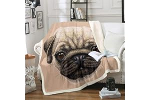 Homemissing Mops Kuscheldecke 3D Tiermuster Decke 150x200cm für Kinder Jungen Mädchen Süßer Hund Bedruckt Flanell Fleecedecke Wohndecke für Schlafsofa Couch Braun